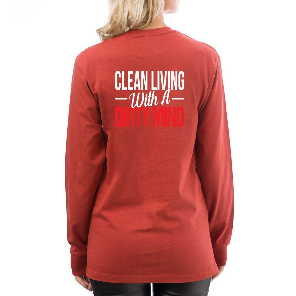 Clean Living w/a Dirty Mind_L7_Long Sleeve Tee - Comedy inspired T-shirts | Controversial Jokes hoodies, Mugs & more - Comedy Courier