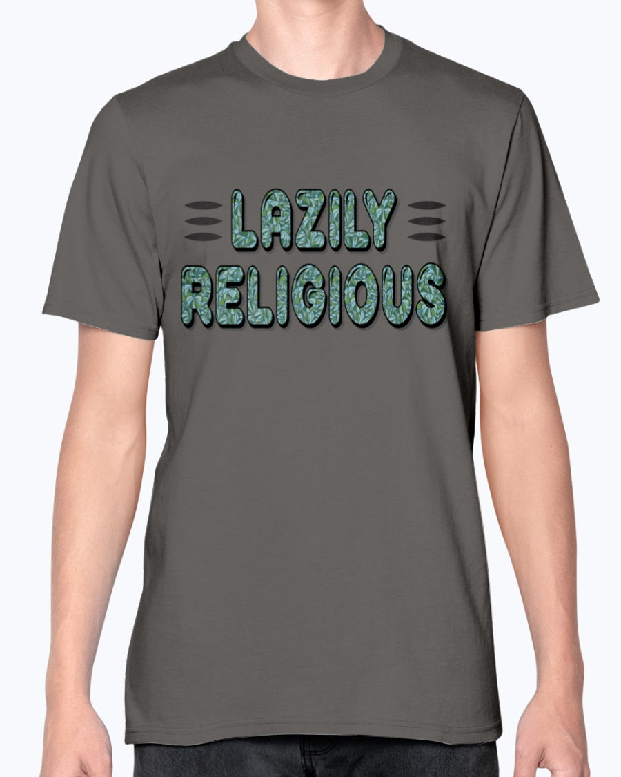 Lazily Religious-V1_F/R_Anvil Fitted TEE - Comedy inspired T-shirts | Controversial Jokes hoodies, Mugs & more - Comedy Courier