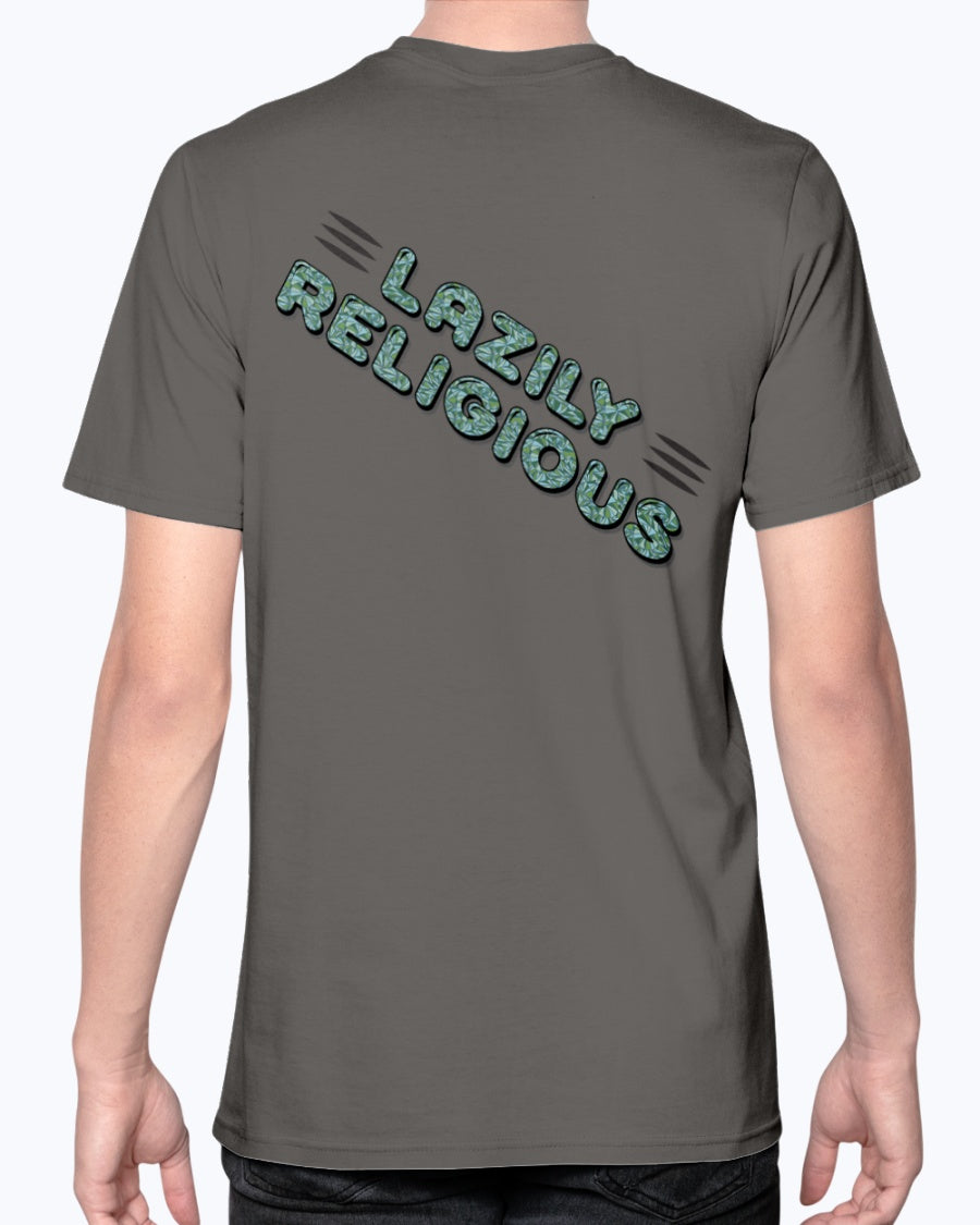 Lazily Religious-V2_F/R-Anvil Fitted TEE - Comedy inspired T-shirts | Controversial Jokes hoodies, Mugs & more - Comedy Courier