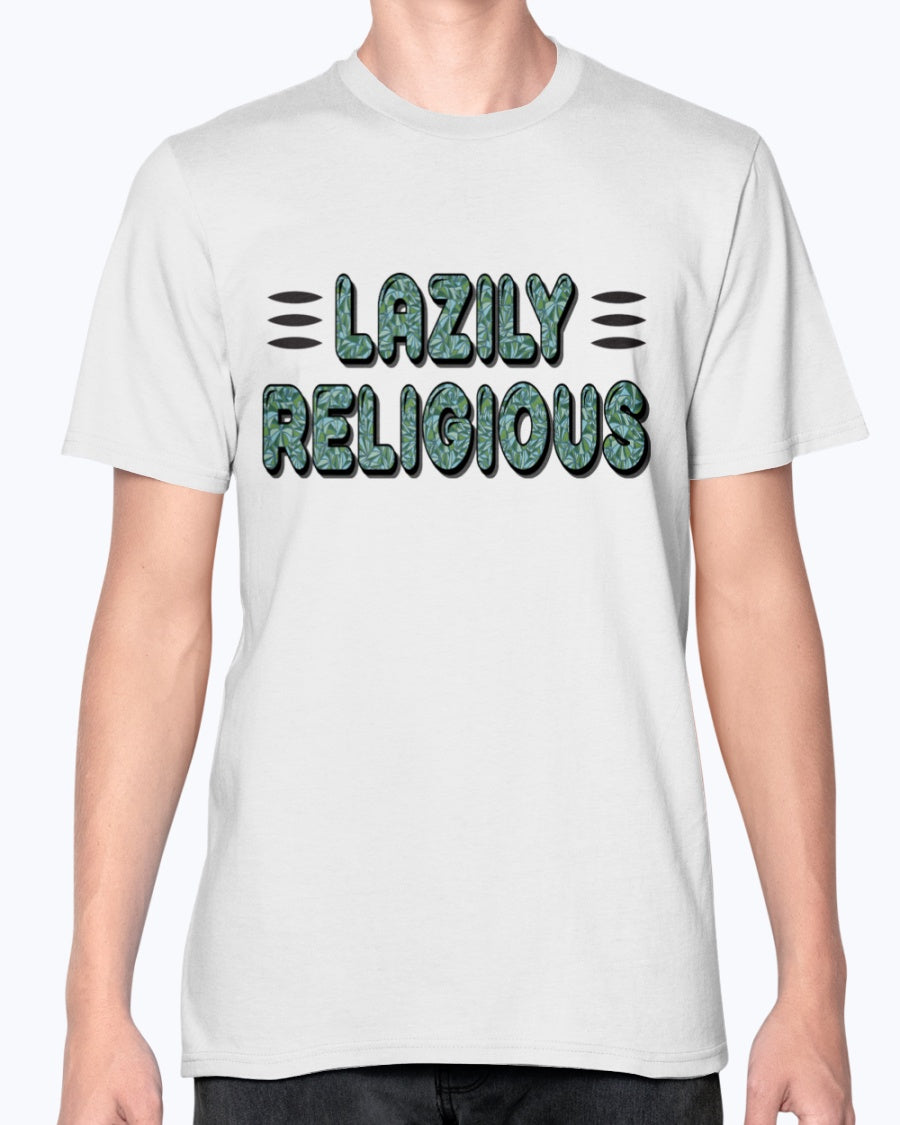 Lazily Religious-V1_F/R_Anvil Fitted TEE - Comedy inspired T-shirts | Controversial Jokes hoodies, Mugs & more - Comedy Courier