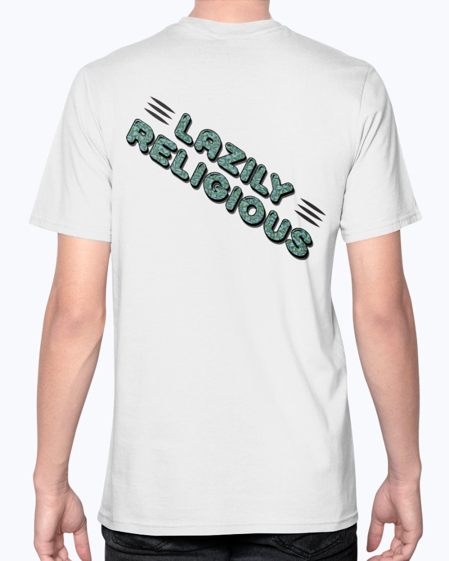 Lazily Religious-V2_F/R-Anvil Fitted TEE - Comedy inspired T-shirts | Controversial Jokes hoodies, Mugs & more - Comedy Courier