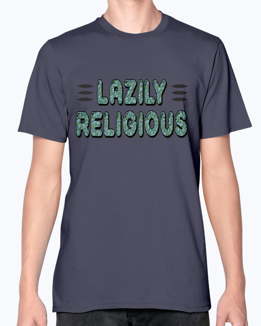 Lazily Religious-V1_F/R_Anvil Fitted TEE - Comedy inspired T-shirts | Controversial Jokes hoodies, Mugs & more - Comedy Courier