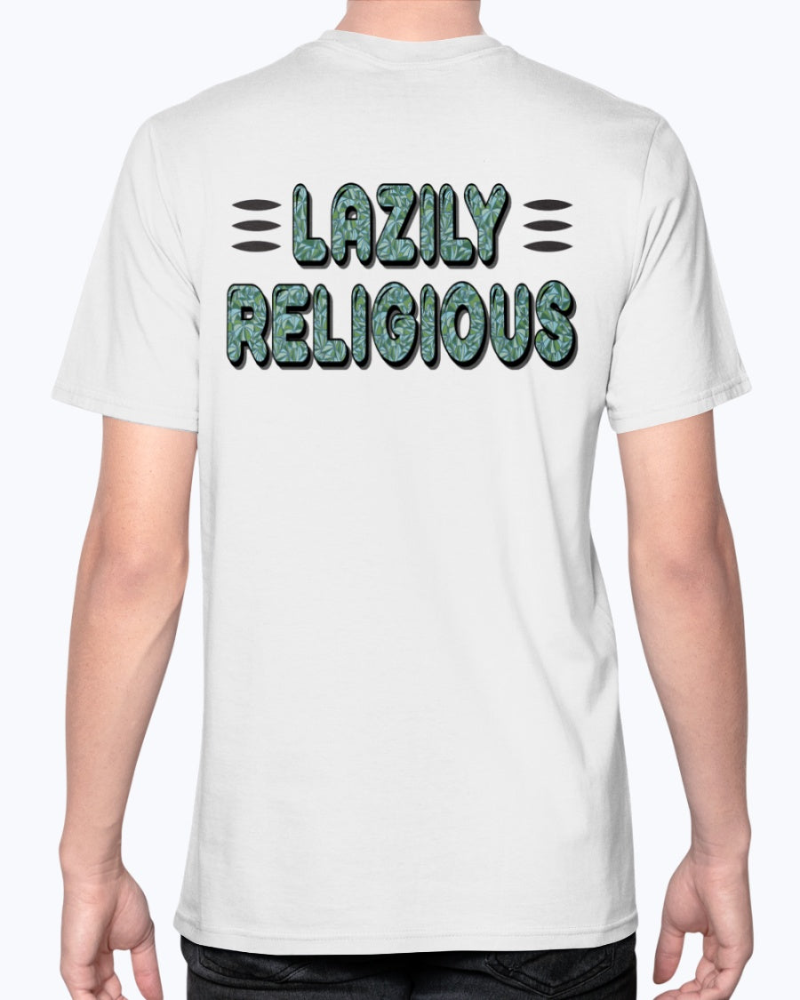 Lazily Religious-V1_F/R_Anvil Fitted TEE - Comedy inspired T-shirts | Controversial Jokes hoodies, Mugs & more - Comedy Courier