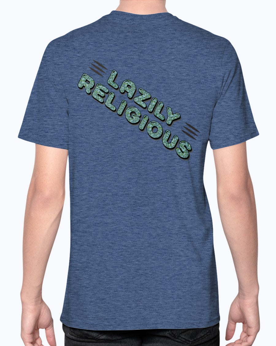 Lazily Religious-V2_F/R-Anvil Fitted TEE - Comedy inspired T-shirts | Controversial Jokes hoodies, Mugs & more - Comedy Courier