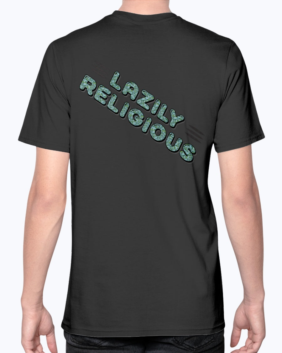 Lazily Religious-V2_F/R-Anvil Fitted TEE - Comedy inspired T-shirts | Controversial Jokes hoodies, Mugs & more - Comedy Courier