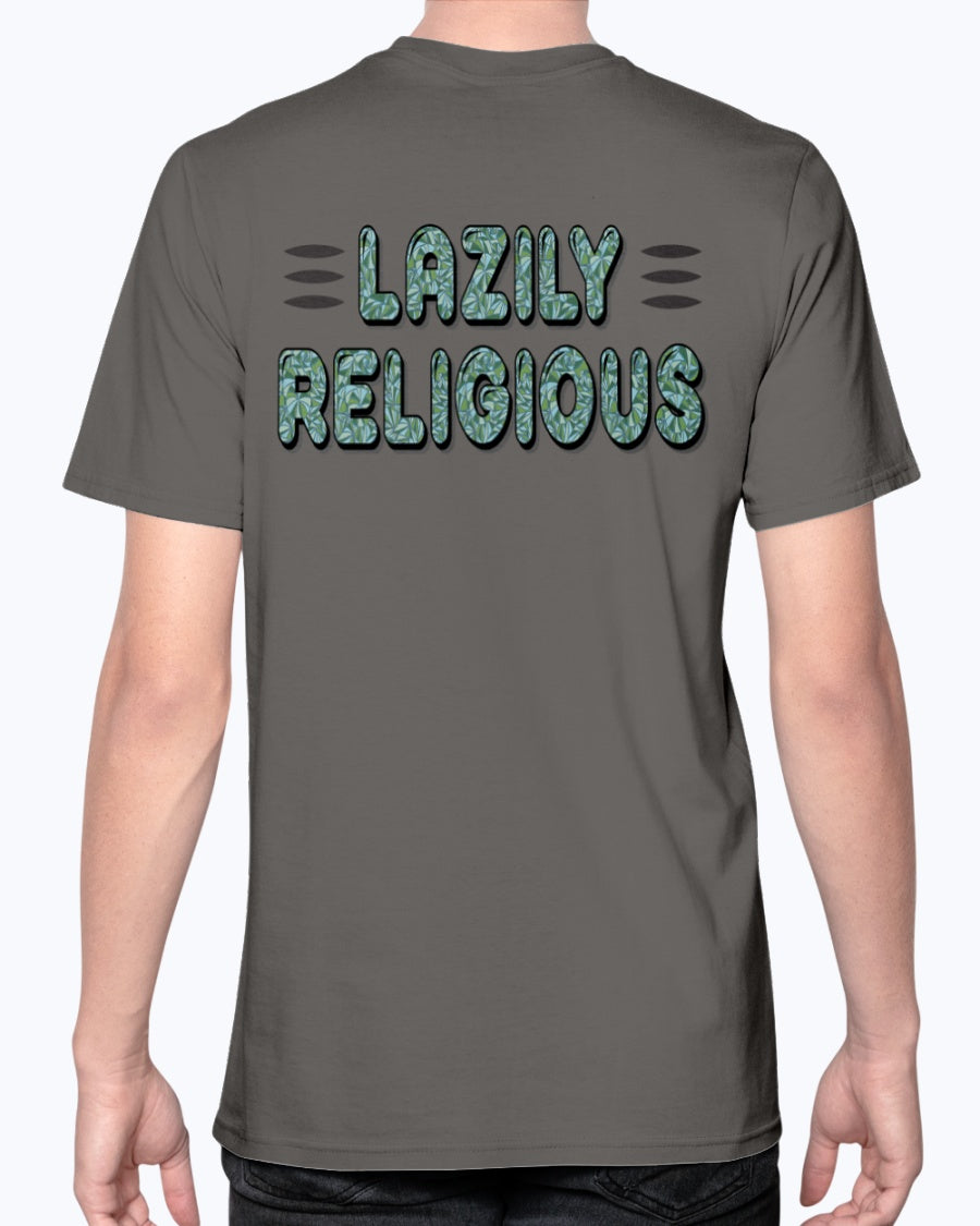 Lazily Religious-V1_F/R_Anvil Fitted TEE - Comedy inspired T-shirts | Controversial Jokes hoodies, Mugs & more - Comedy Courier