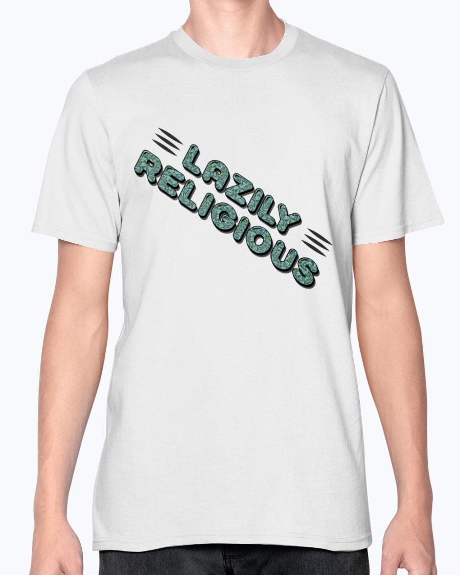 Lazily Religious-V2_F/R-Anvil Fitted TEE - Comedy inspired T-shirts | Controversial Jokes hoodies, Mugs & more - Comedy Courier