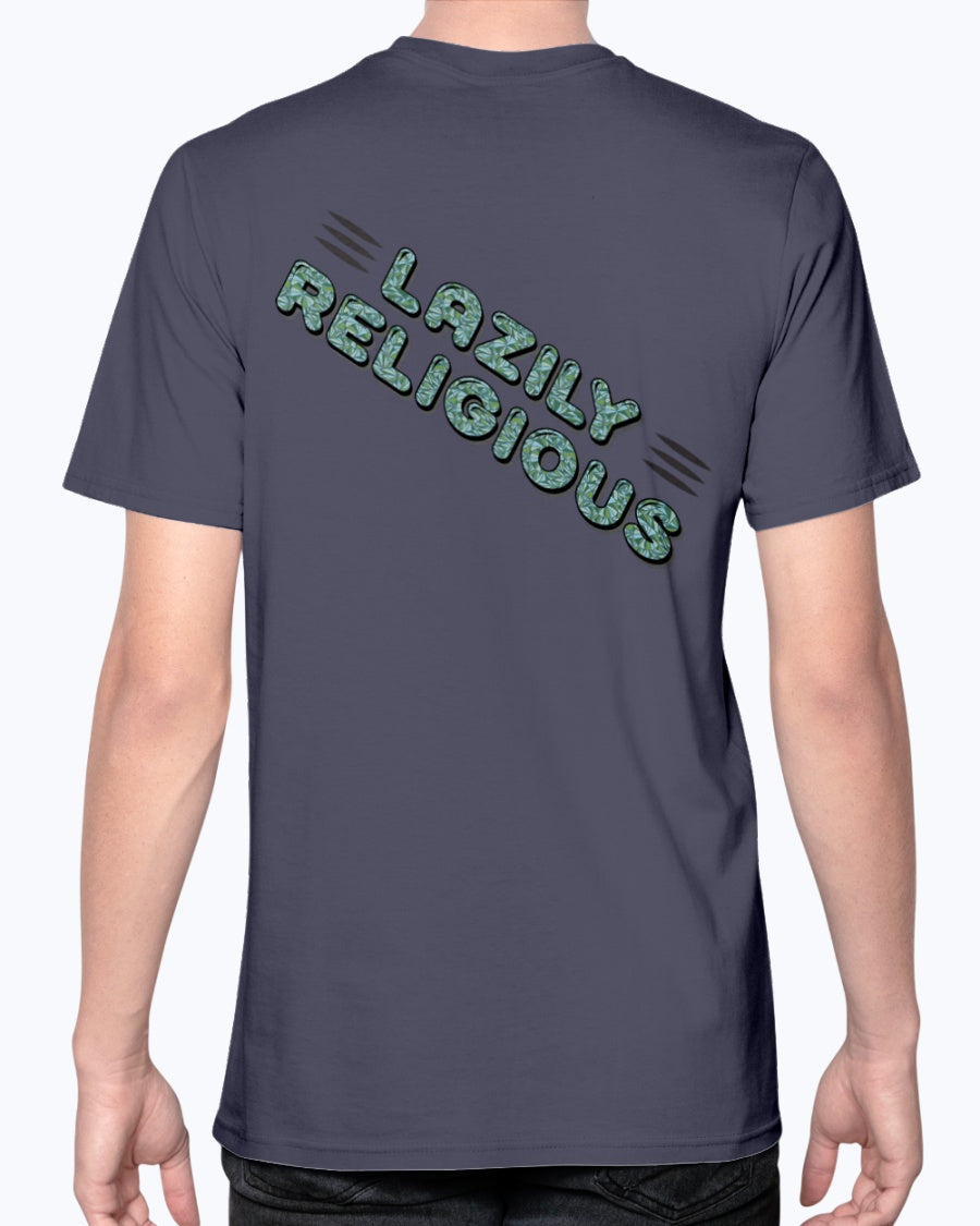 Lazily Religious-V2_F/R-Anvil Fitted TEE - Comedy inspired T-shirts | Controversial Jokes hoodies, Mugs & more - Comedy Courier