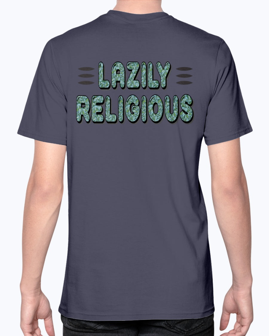 Lazily Religious-V1_F/R_Anvil Fitted TEE - Comedy inspired T-shirts | Controversial Jokes hoodies, Mugs & more - Comedy Courier