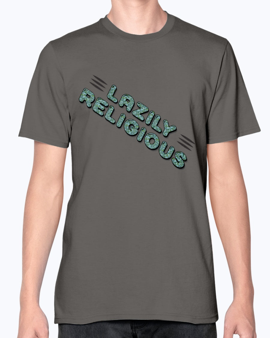 Lazily Religious-V2_F/R-Anvil Fitted TEE - Comedy inspired T-shirts | Controversial Jokes hoodies, Mugs & more - Comedy Courier