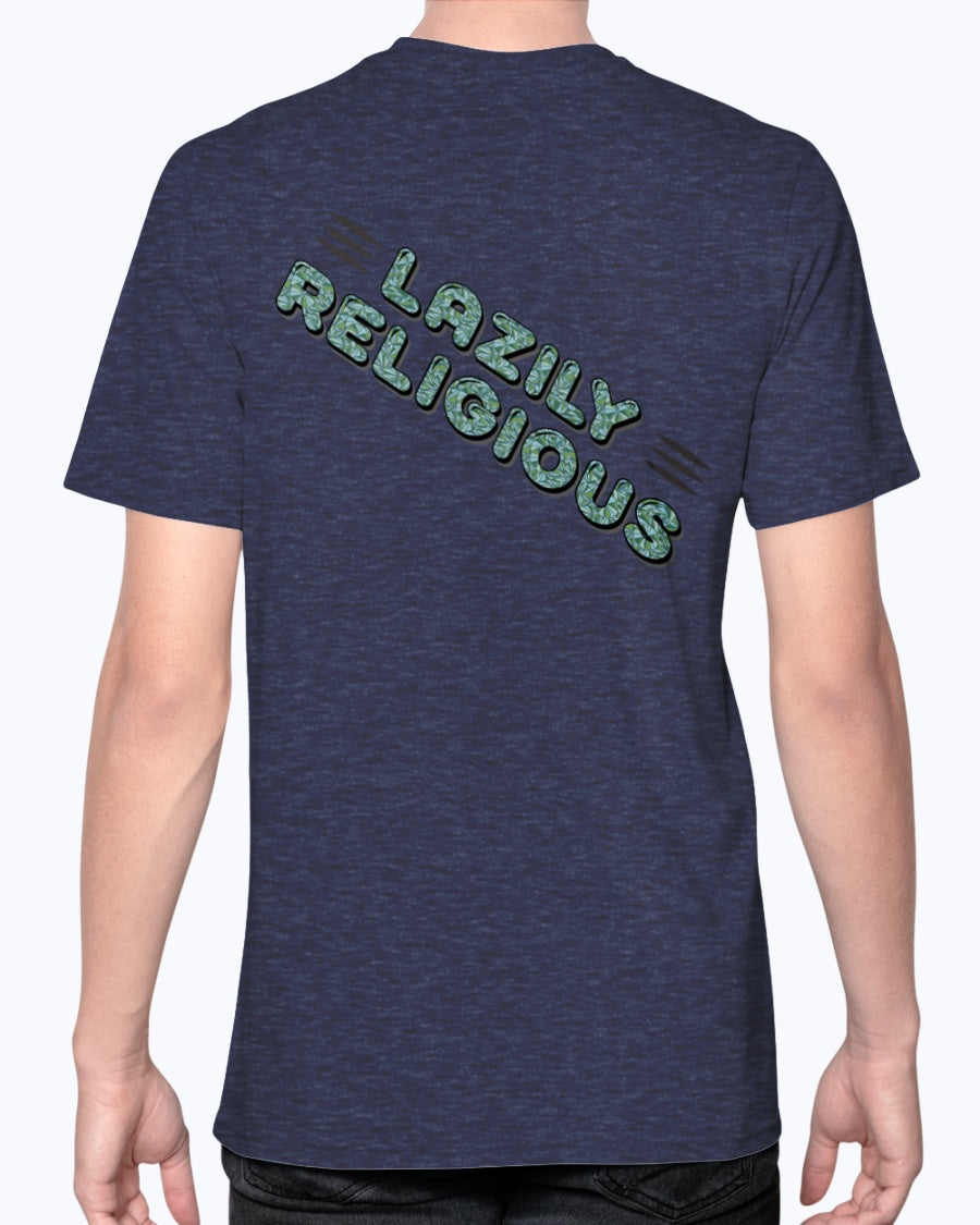 Lazily Religious-V2_F/R-Anvil Fitted TEE - Comedy inspired T-shirts | Controversial Jokes hoodies, Mugs & more - Comedy Courier